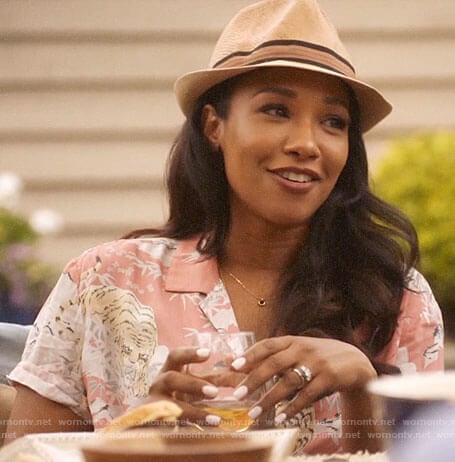 Iris's pink tiger print shirt dress on The Flash