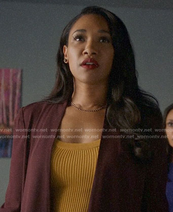 Iris's yellow ribbed top and burgundy blazer on The Flash