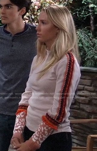 Josslyn's pink top with embroidered sleeves on General Hospital