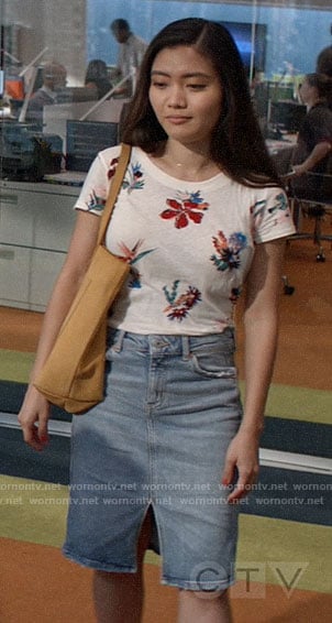 Joy's floral t-shirt and denim skirt on God Friended Me