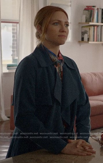 Julia's blue suede trench coat on Almost Family