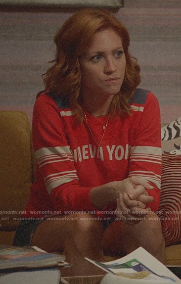 Julia's red Nueva York sweatshirt on Almost Family