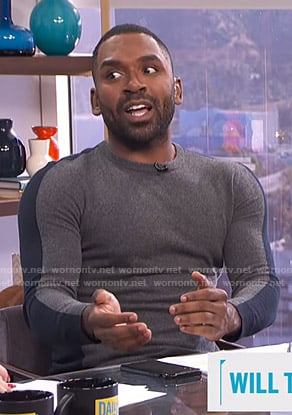 Justin's grey colorblock sweater on E! News Daily Pop