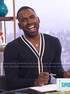 Justin's navy contrast cardigan on E! News Daily Pop