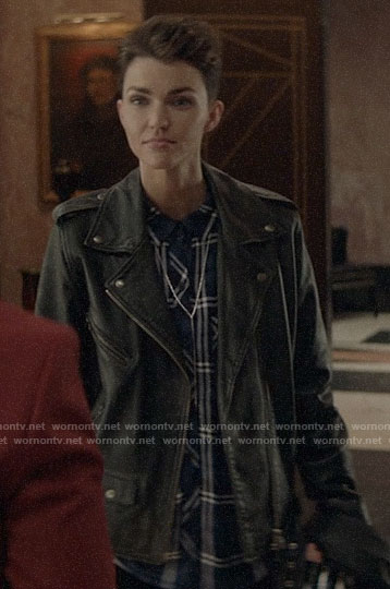 Kate's blue plaid shirt and leather moto jacket on Batwoman