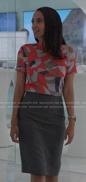 Kelly's red geometric print top on Supergirl