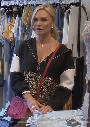 Tamra's leopard colorblock sweatshirt and Gucci bag on The Real Housewives of Orange County