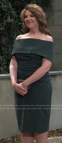 Liesl's green off-shoulder dress at Nina's wedding on General Hospital