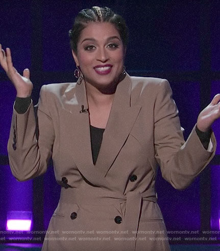 Lilly's beige double breasted belted blazer on A Little Late with Lilly Singh