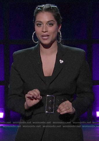 Lilly's black belted blazer on A Little Late with Lilly Singh