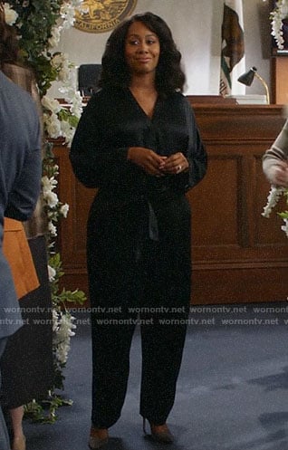 Lola's navy satin jumpsuit on All Rise