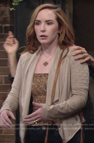 Mariah's snake print top and draped suede jacket on The Young and the Restless