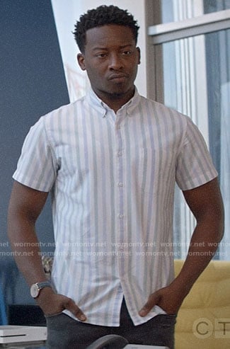 Miles's white shirt with blue and green stripes on God Friended Me