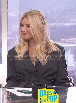 Morgan's dark grey belted blazer on E! News Daily Pop