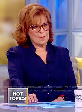 Joy's navy ruffle neck blouse on The View