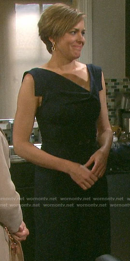 Nicole's navy draped neck dress on Days of our Lives