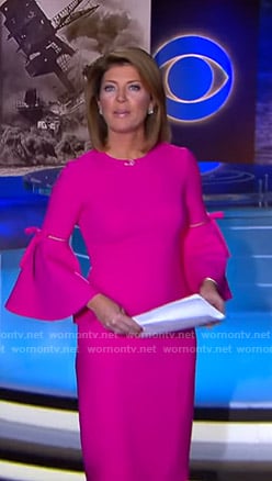 Norah's pink bell sleeve dress on CBS Evening News