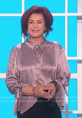 Sharon's purple satin tie cuff blouse on The Talk