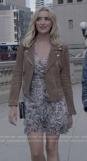 Reagan's snake print dress and suede moto jacket on Batwoman