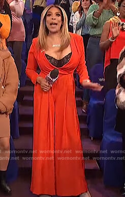 Wendy's red pleated jumpsuit on The Wendy Williams Show