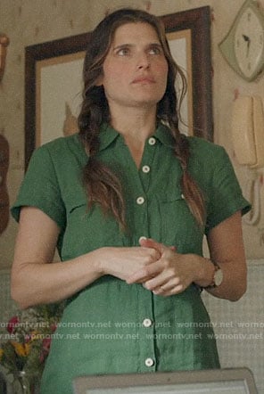 Rio's green button front dress on Bless This Mess