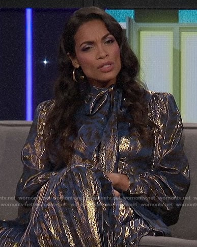 Rosario Dawson's metallic tie neck maxi dress on A Little Late with Lilly Singh