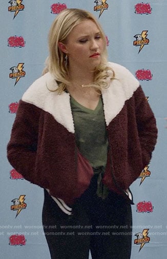 Roxy's burgundy and white fleece bomber jacket on Almost Family