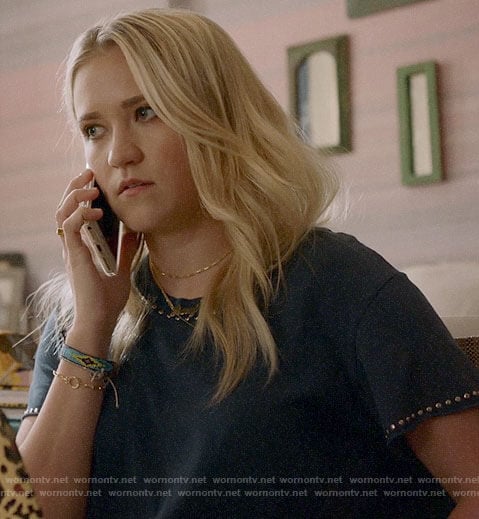 Roxy's dark blue studded trim tee on Almost Family