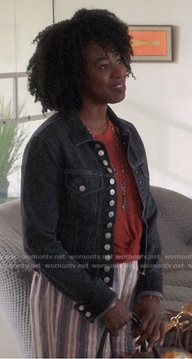 Simone's black denim jacket and striped linen pants on The Good Place