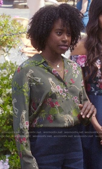 Simone's green floral and leopard print button down blouse on The Good Place