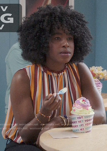 Simone's striped sleeveless top on The Good Place
