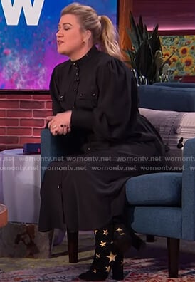 Kelly's black belted utility dress on The Kelly Clarkson Show