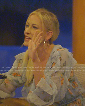 Stephanie's blue floral ruffled romper on The Real Housewives of Dallas