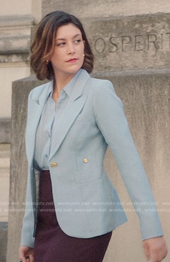 Sydney's blue blazer and striped shirt on Bluff City Law