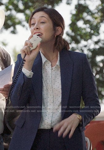 Sydney's blue suit and dotted shirt on Bluff City Law