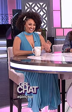 Tamera's blue choker neck pleated dress on The Real