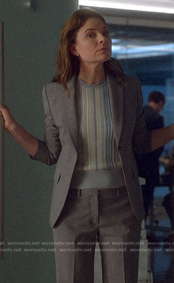 Taylor's grey suit and blue striped top on Bull