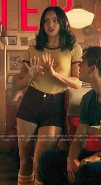 Veronica's Pops t-shirt and burgundy denim shorts on Riverdale