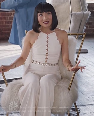 Mei's white scalloped jumpsuit on The View