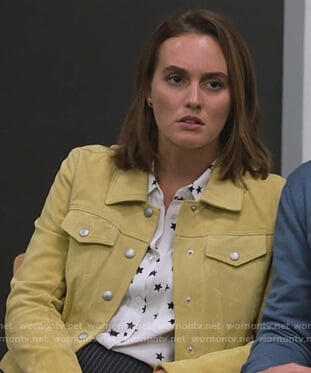 Angie's star print blouse and suede jacket on Single Parents