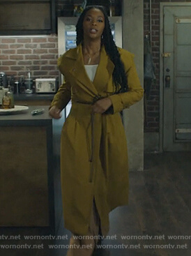 Anissa's mustard tie waist trench coat on Black Lightning