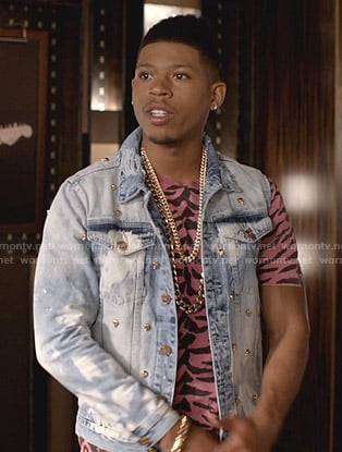 Hakeem's pink tiger print tee and distressed denim jacket on Empire