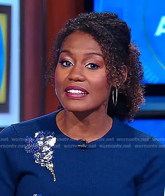Janai's blue bead embellished sweater on Good Morning America