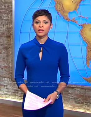 Jericka's blue knotted neck dress on CBS This Morning