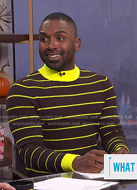 Justin's brown and yellow striped ribbed sweater on E! News Daily Pop