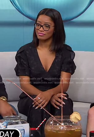 Keke's black floral v-neck jumpsuit on GMA Strahan Sara And Keke