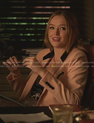 Kirby's pink blazer with leather-trim arrows on Dynasty
