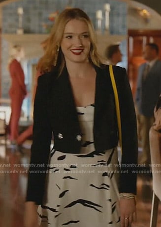 Kirby's white printed dress and black cropped jacket on Dynasty