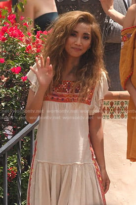 Madison's white embroidered dress on Dollface