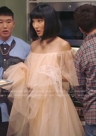 Mei's beige off-shoulder tulle dress on Sunnyside